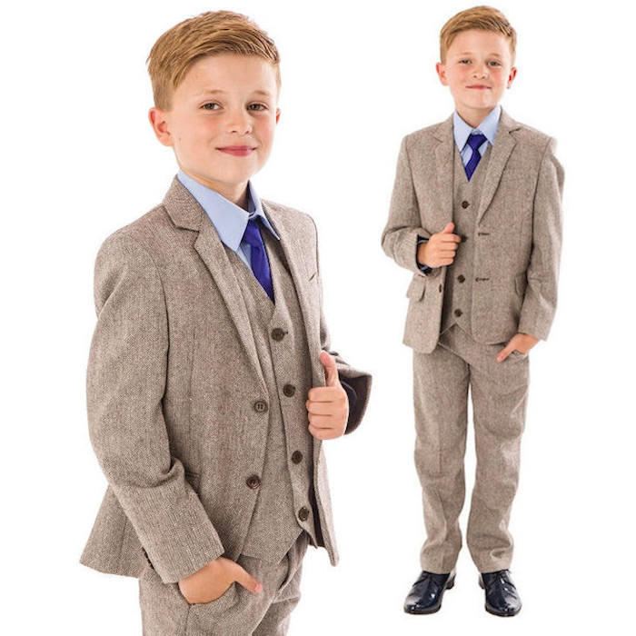 Boys Suits Wedding Suit 5pc Tweed Waistcoat Suit Page Boy Formal Party brown 