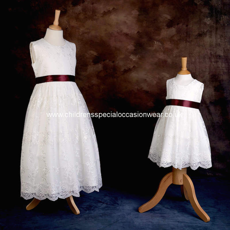 Ivory flower girl dress with burgundy sash outlet