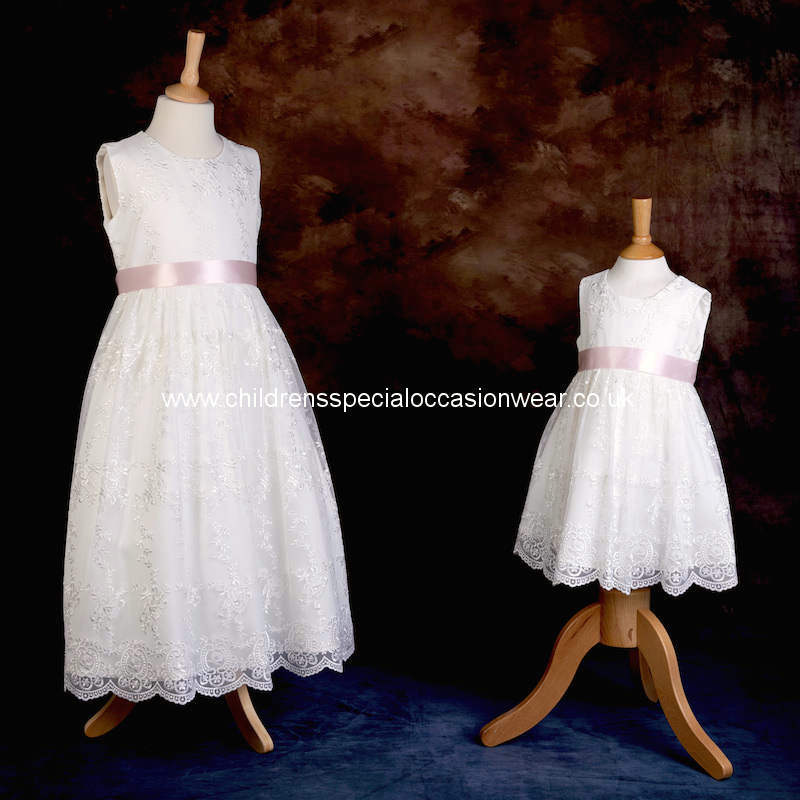 Girls Ivory Floral Lace Dress Pale Pink Satin Sash Flower Girl