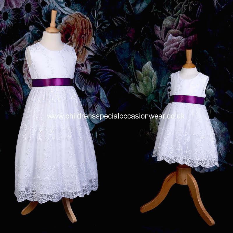 Girls White Floral Lace Dress Aubergine Satin Sash Flower Girl