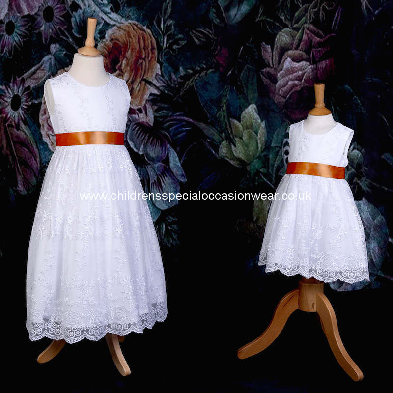 Girls White Floral Lace Dress Rust Burnt Orange Satin Sash Flower