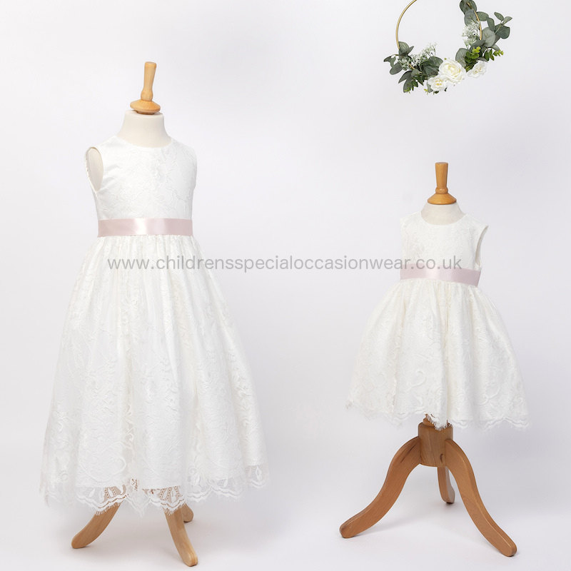 Girls Ivory Fringe Lace Dress with Pale Pink Sash Flower Girl - Main Image