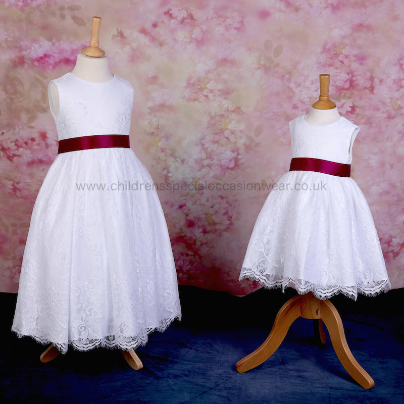 Girls White Fringe Lace Dress with Wine Sash Flower Girl Dress childrensspecialoccasionwear