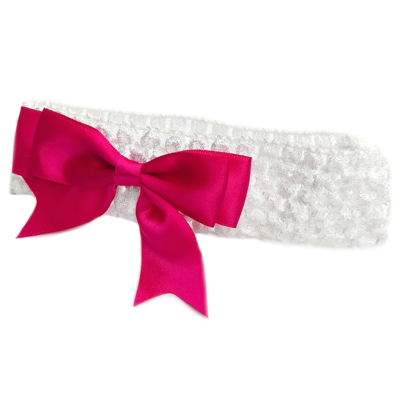 Baby Girls White Crochet Headband with Cerise Pink Satin Bow -  childrensspecialoccasionwear.co.uk