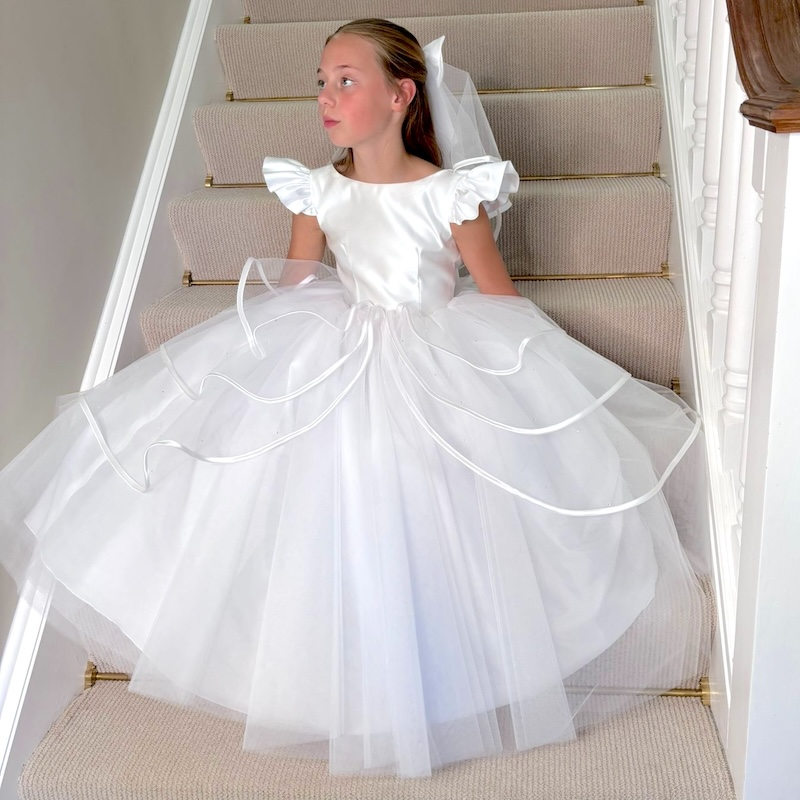 White Peplum Satin & Tulle Communion Dress - Dallas by Millie Grace - childrensspecialoccasionwear.co.uk White Peplum Satin & Tulle Communion Dress - Dallas by Millie Grace - childrensspecialoccasionwear.co.uk