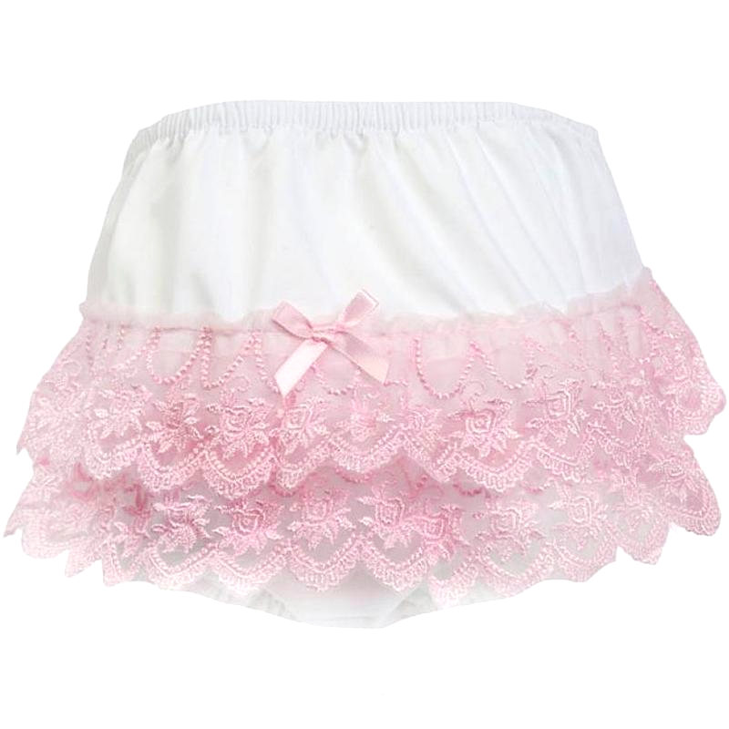 Baby Girls White & Pink Floral Lace Christening Knickers
