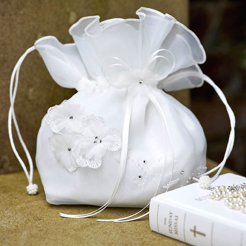 Girls White Flower Organza Satin Dolly Bag Lucy P126 by Peridot childrensspecialoccasionwear