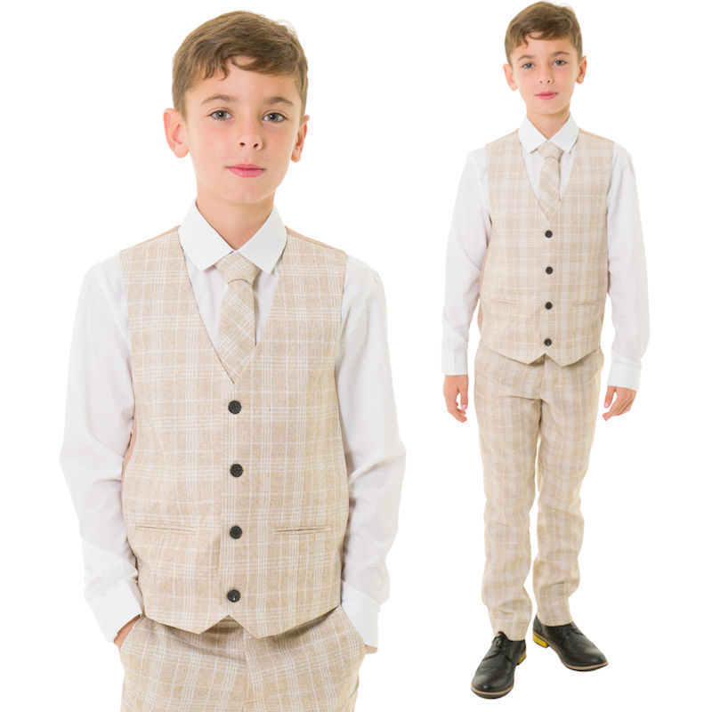 Milano Mayfair Boys Beige Check 4 Piece Slim Fit Waistcoat Suit ...