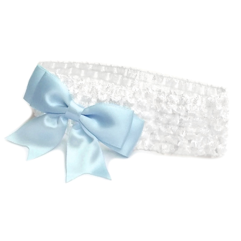 Baby Girls White Crochet Headband with Baby Blue Satin Bow -  childrensspecialoccasionwear.co.uk