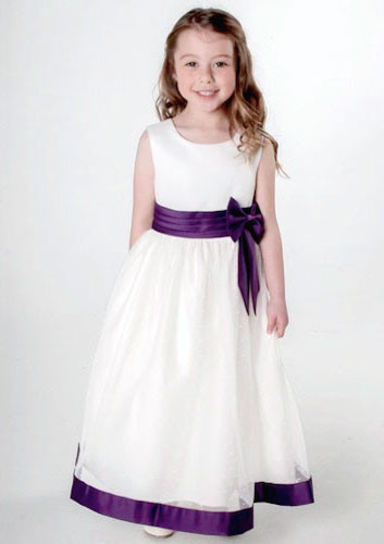 Tulle Party White Lace Bridesmaid Dress with Purple Trim Age 6