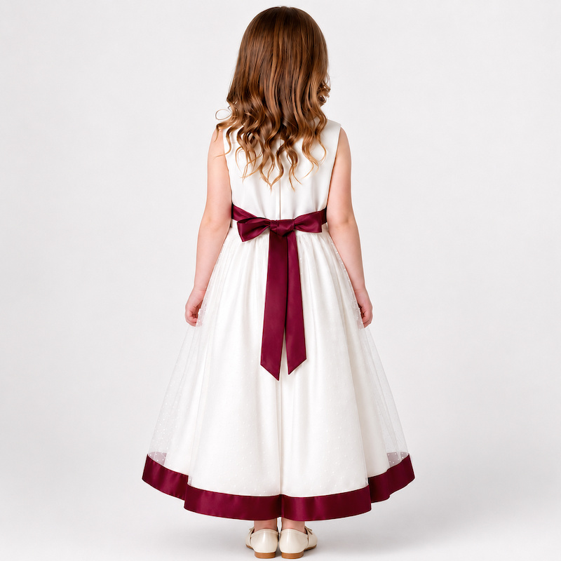 Girls Burgundy Satin Bow Dress | Flower Girl Dress