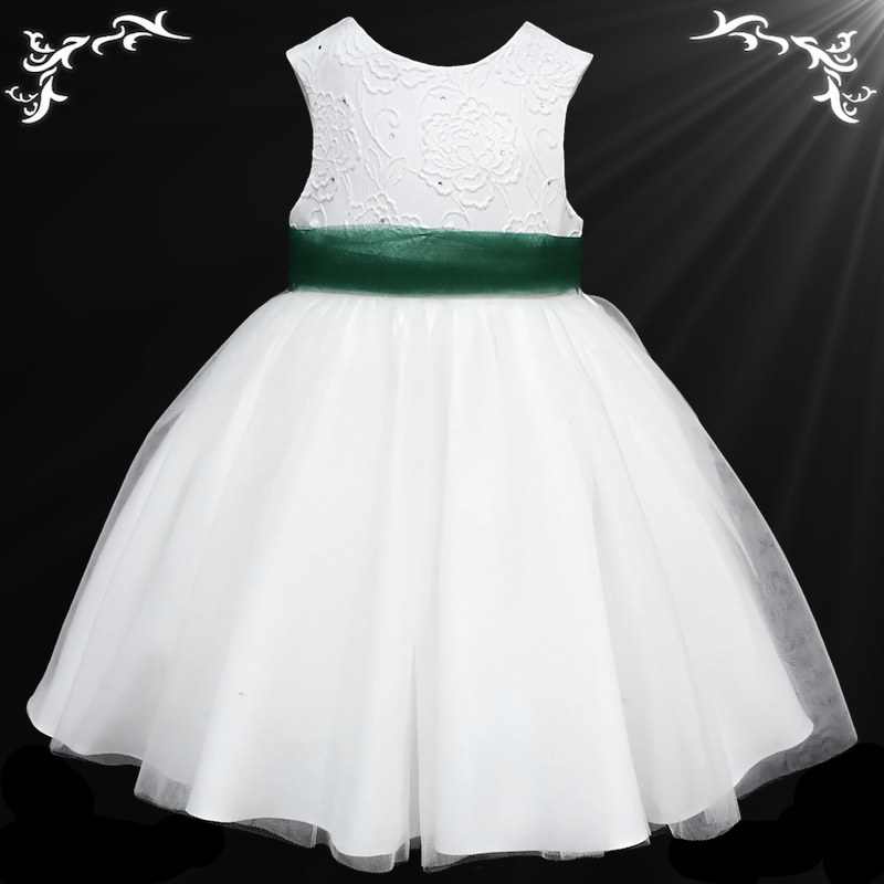 Girls White Organza Hunter  Green  Sash Dress  Flower Girl 