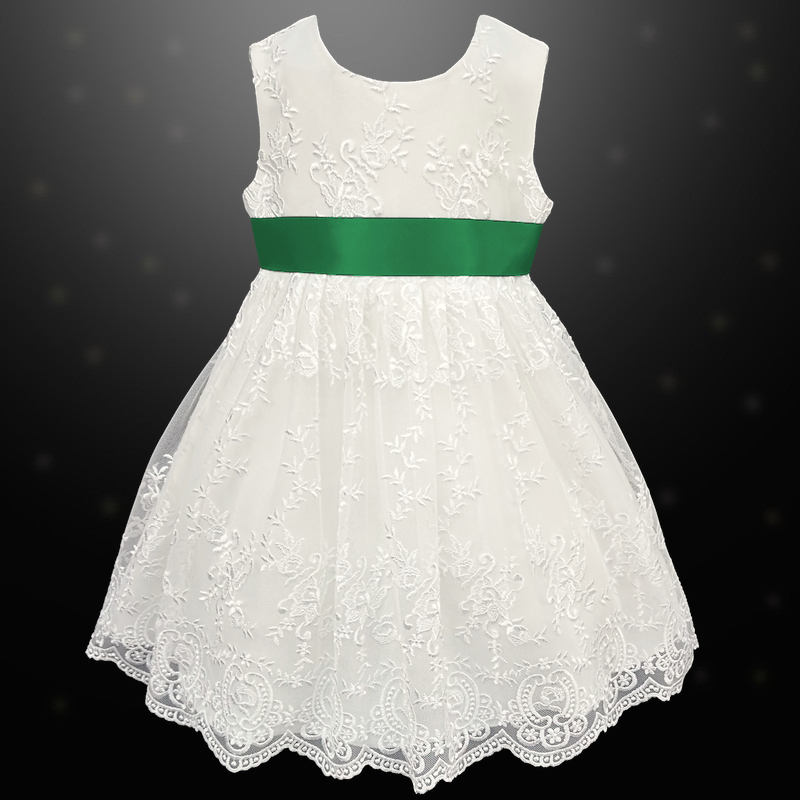 Girls Ivory Floral Lace Dress with Emerald Green Satin Sash Flower