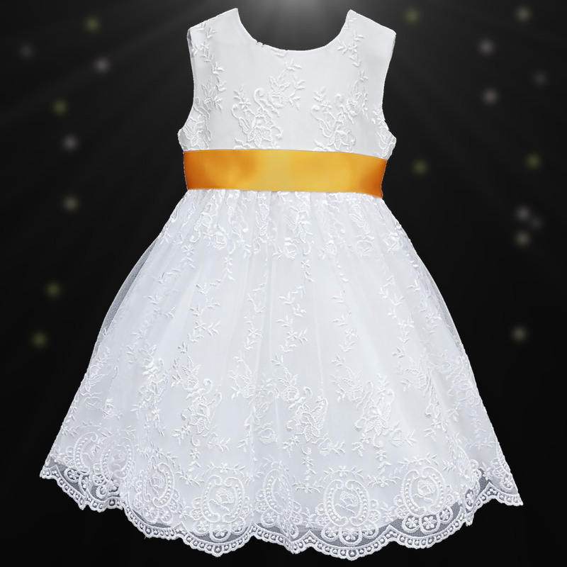 Girls White Floral Lace Marigold Sash Dress Flower Girl