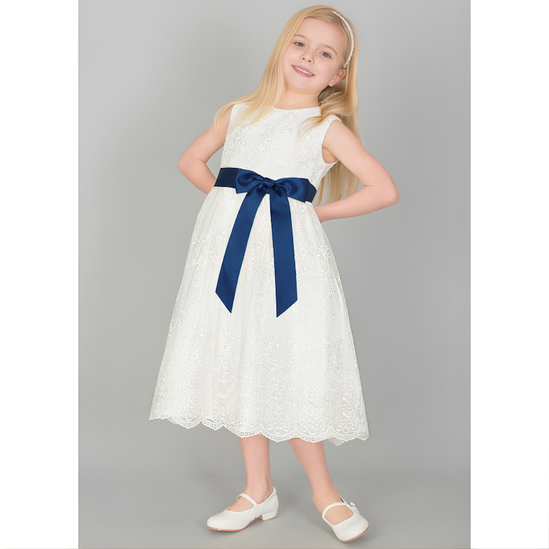 Girls Ivory Floral Lace Dress | Midnight Blue Satin Sash | Flower Girl -  childrensspecialoccasionwear.co.uk