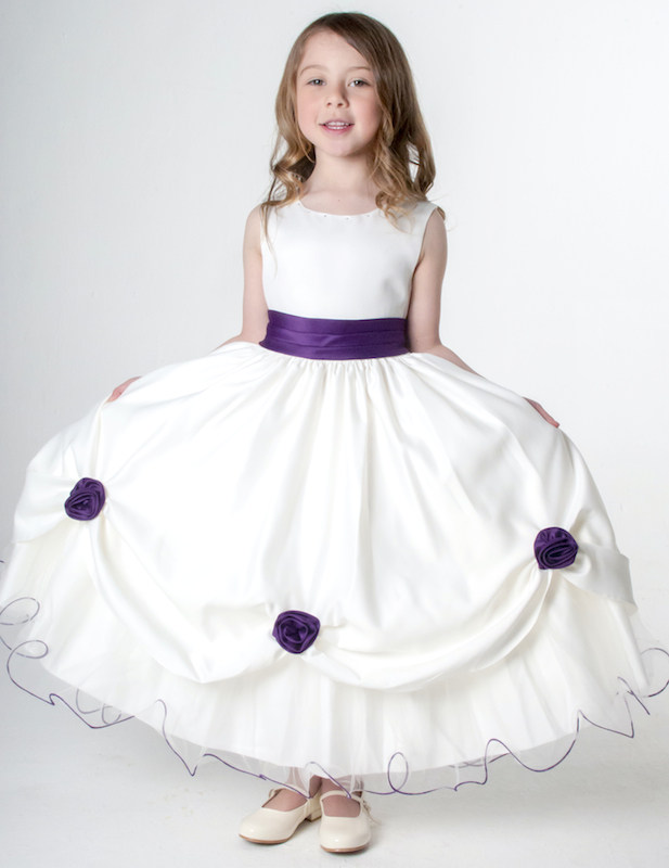 Girls Cadbury Purple \u0026 Ivory Rose Satin 