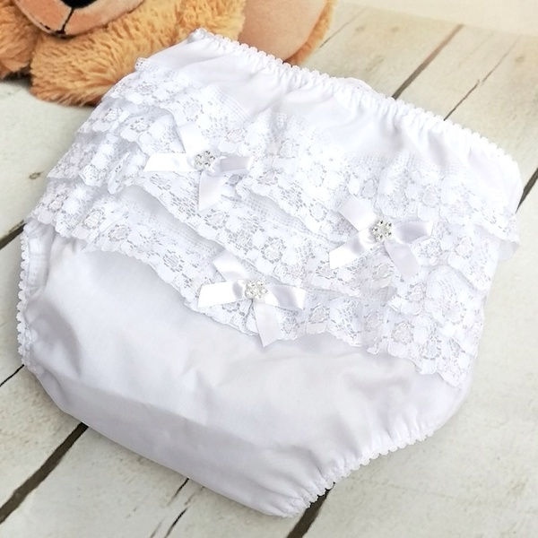 Baby Girls White Diamante Bow Frilly Lace Knickers Pants Christening Wedding  Special Occasion 