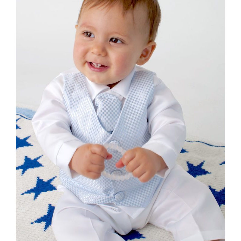 Baby Boys White Blue Check 4 Piece Satin Suit Christening Baptism Wedding
