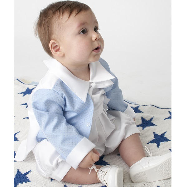 Baby Boys Blue White Tuxedo Romper | Boys Christening Outfit | Baby