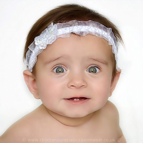 Baby Girls White Organza Headband with Sequin Flower Christening childrensspecialoccasionwear