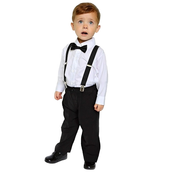 Boys Black 4 Piece Braces Bow Tie Suit Boys Wedding Suit