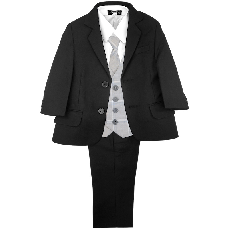 Boys Black & Light Grey Tartan Check 5 Piece Jacket Suit