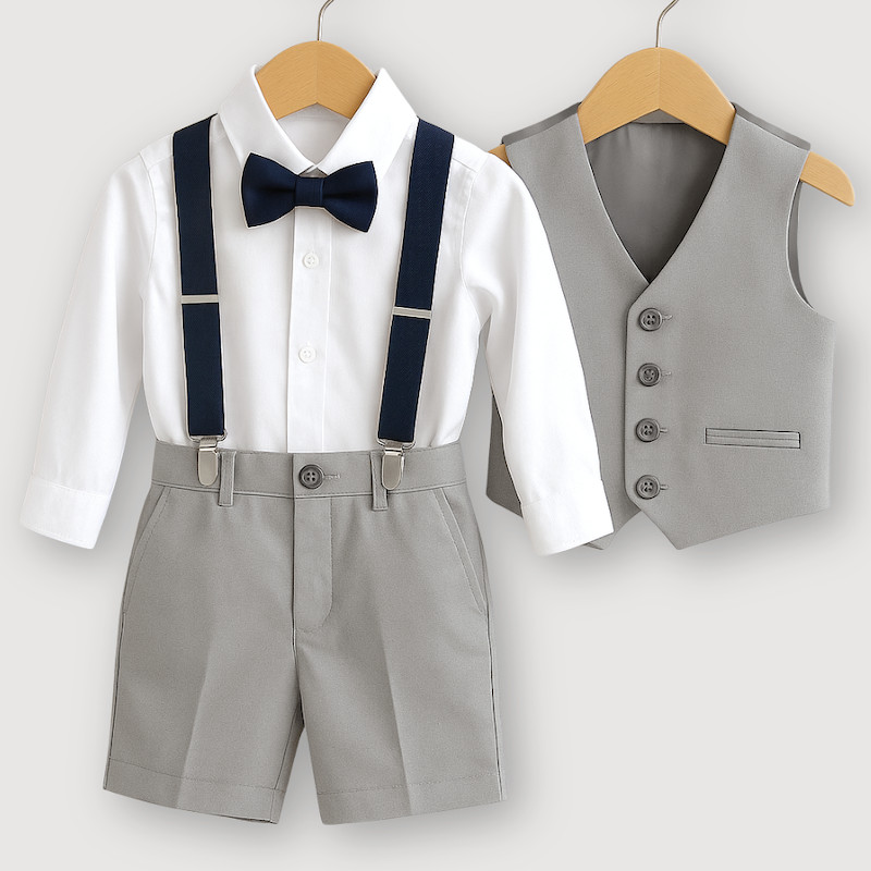Boys Light Grey Shorts Suit with Dickie Bow & Braces
