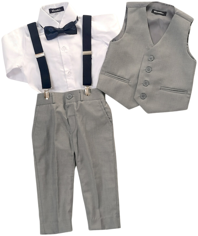 Boys Light Grey Trouser Suit with Dickie Bow & Braces ...