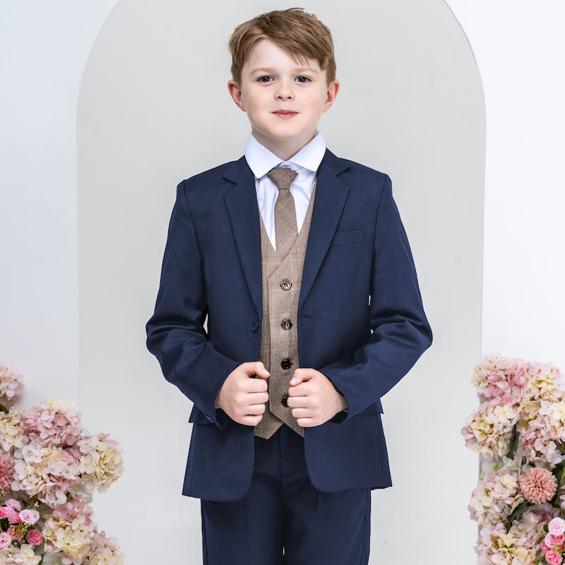 Boys Navy Brown Check Barleycorn Tweed Piece Suit