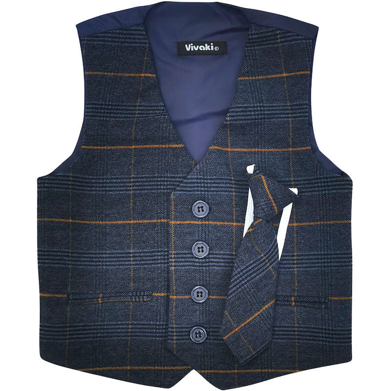 Boys Navy Tartan Check Soft Tweed Waistcoat Tie Wedding childrensspecialoccasionwear