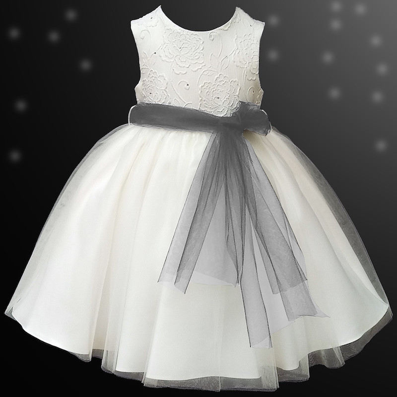white flower girl dress with grey sash