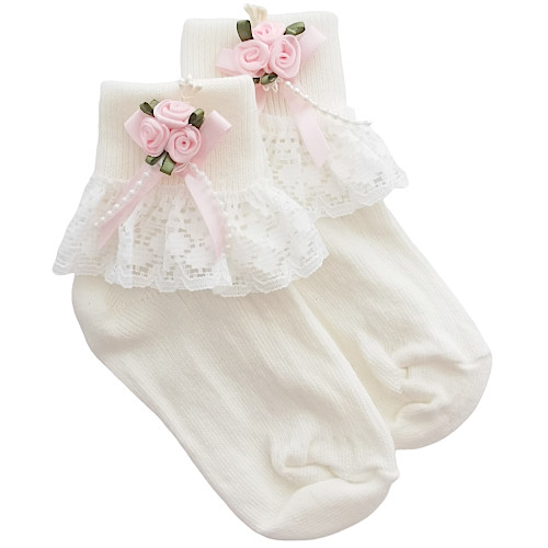 Baby Girl Jacquard Socks with Lace Traditional Spanish Style White Pink Ivory 