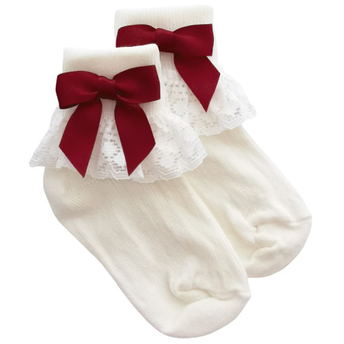 Girls Ivory Lace Socks with Burgundy Satin Bows Flower Girl Party