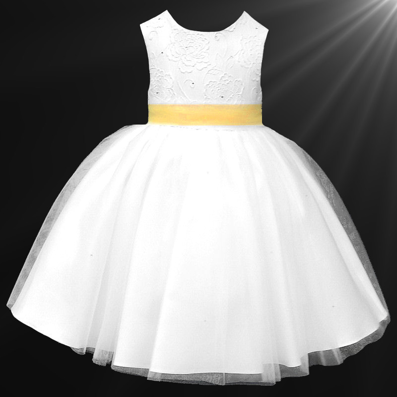 Girls White Organza Belle Yellow Sash Dress Flower Girl Bridesmaid