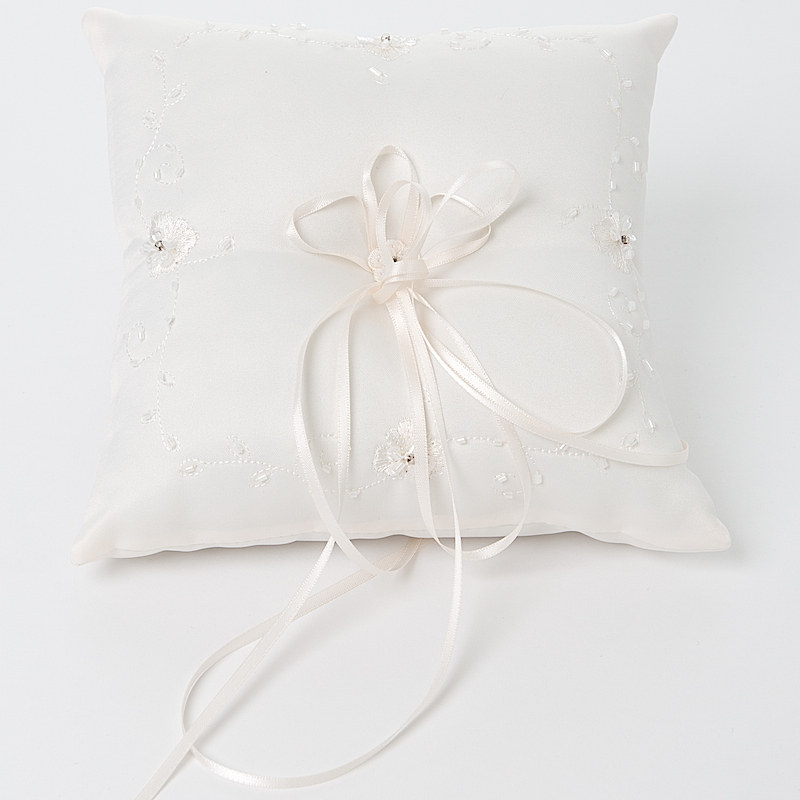 Ivory Floral Beaded Square Satin Ring Cushion Ring Bearer Pillow