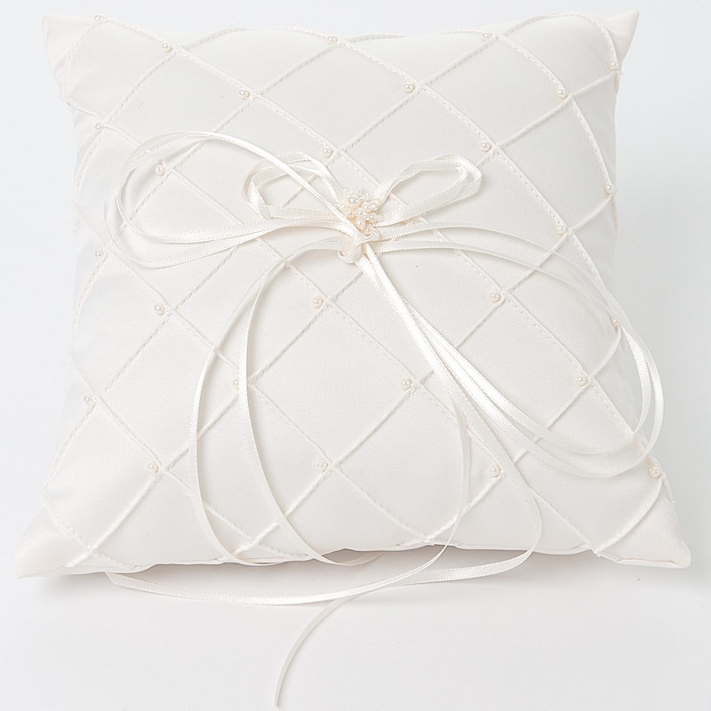Ivory Bead Quilted Square Satin Ring Cushion Ring Bearer Pillow
