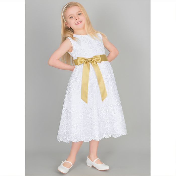 Girls White Floral Lace Dress | Gold Satin Sash | Flower Girl -  childrensspecialoccasionwear.co.uk