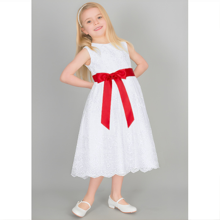 Girls White Floral Lace Dress | Red Satin Sash | Flower Girl -  childrensspecialoccasionwear.co.uk