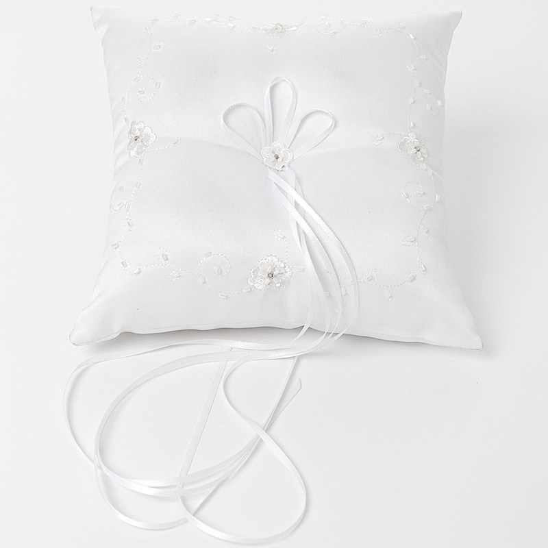 White Floral Beaded Square Satin Ring Cushion Ring Bearer Pillow