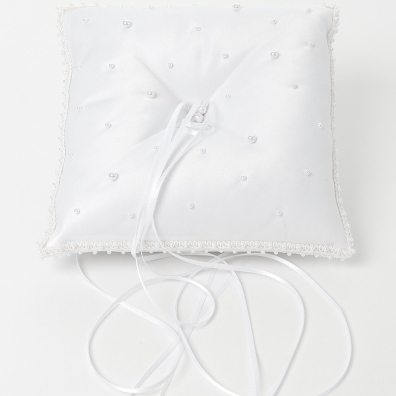 White Pearl Beaded Square Satin Ring Cushion Ring Bearer Pillow