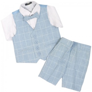 Boys Light Blue Check 4 Piece Shorts Suit