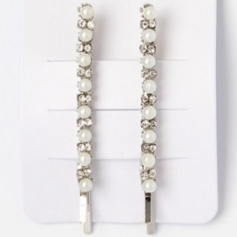 Girls Crystal & Pearl Bead Silver Hair Slide x 2