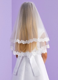 Girls White Two Tier Lace Trim Veil - Adele P151 by Peridot