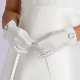 Girls Ivory Diamante Bow Communion Gloves - Abigail P115A by Peridot
