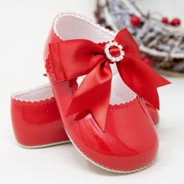Baby Girls Red Large Diamante Bow Patent Pram Shoes