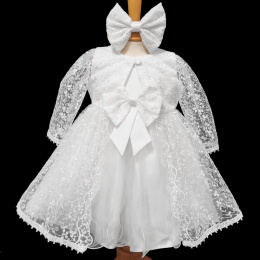 Baby Girls White Bow Tulle Dress with Lace Jacket & Headband