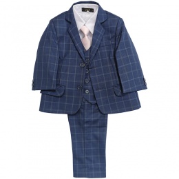 Boys Dark Blue Check 5 Piece Slim Fit Suit