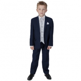 Boys Navy & Grey Swirl 6 Piece Slim Fit Suit