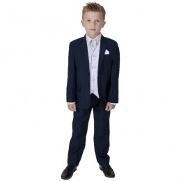 Boys Navy & Lilac Swirl 6 Piece Slim Fit Suit