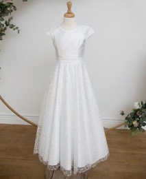 White Satin Leaf Tulle Communion Dress - Clara by Millie Grace